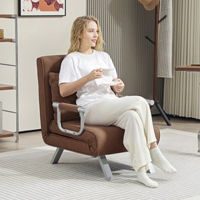 HOMCOM Fotoliu Pat Individual 2 în 1 Canapea Pat Pliabil cu Spătar Reglabil și Pernă pentru Living Dormitor 65x69x80 cm Maro | Aosom Romania