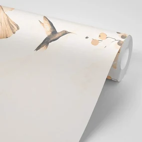 Tapet frunze cu colibri în umbra Peach Fuzz