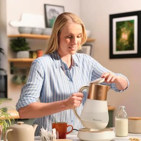 Russell Hobbs Calm Kettle 27450-70, 2400W, 1,7 l, 40-100°C, Fierbere silențioasă, butoane tactile, alerte sonore, 6 culori schimbătoare, Protect, fără BPA și PFAS, alb/dorat