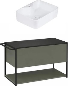 Set dulap baza suspendat Krofam Lov verde-negru 80 cm blat negru si lavoar 49x38 cm