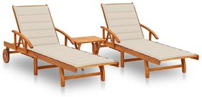 vidaXL Șezlonguri, 2 buc., cu masă și perne, lemn masiv de acacia