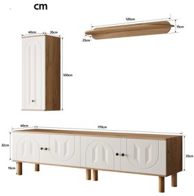 Set mobilier living 3 piese, compus din dulap înalt, comodă joasă și etajeră de perete, Culoare naturală