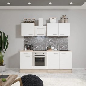 Mobilă de bucătărie Yorki 210, corp din stejar sonoma, față alb satinat cu element inferior al cuptorului