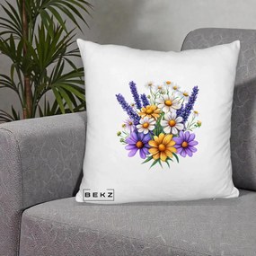 Perna Decorativa Lavanda Musetel si Flori Mov, 40x40 cm, Alb Pufos, Husa Detasabila, Perna Inclusa, BEKZ®
