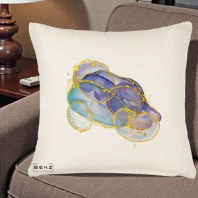 Perna Decorativa Abstract Acuarela Albastru-Mov cu Cercuri Aurii, 40x40 cm, Crem Reliefat, Husa Detasabila, Perna Inclusa, BEKZ®