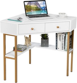 BIA6 - Masa de birou pe colt, 70 cm, home office cu 2 sertare - Alb-Auriu