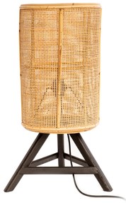 Lampa de masa din ratan tesut fin si lemn de tec, natural, diametru 26 cm, inaltime totala 60 cm