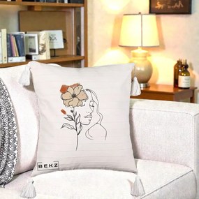 Perna Decorativa Portret Feminin Floare Bej Terracotta, 40x40 cm, Bej cu Franjuri, Husa Detasabila, Perna Inclusa, BEKZ®