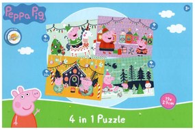 Puzzle pentru copii 4 in 1 PEPPA PIG si Spritul Craciunului, 19x29 cm