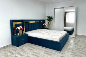 Dormitor Napoli, culoare albastru / alb, cu pat Napoli 160 x 200 cm, dressing Erika 150 cm si 2 noptiere Napoli