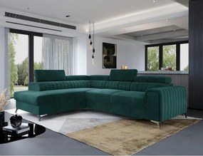 Colțar verde extensibil/cu spațiu de depozitare cu tapițerie din catifea (cu colț pe partea stângă/în formă de ”L”) Laurence – ELTAP