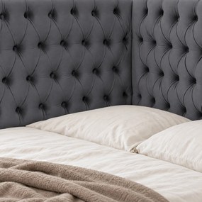 Pat tapițat pentru copii din catifea Elyra 140×200 cm, gri închis, colț stânga, cu ladă de depozitare