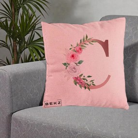 Cadou Personalizat - Perna Personalizata Monograma Rose Gold Litera C, 40x40 cm, Roz, Husa Detasabila, Perna Inclusa, BEKZ®