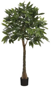 Planta artificiala Pachira Copac, Azay Design, bogat in frunze verzi din poliester, cu tulpina inalta, impletita, detalii realiste, in ghiveci, inaltime 120 cm