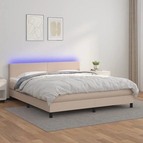 3134116 vidaXL Pat cu arcuri, cu saltea și LED, cappuccino 160x200cm piele eco