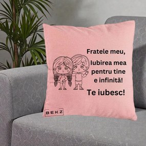 Cadou pentru Frate - Perna Personalizata Fratele Meu Te Iubesc Copii Anime Line Art Negru, 40x40 cm, Roz, Husa Detasabila, Perna Inclusa, BEKZ®