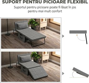 HOMCOM Pat Pliabil Multifuncțional 4 în 1, Șezlong cu Economie de Spațiu, cu Spătar Rabatabil pe 5 Niveluri, 188x75x38 cm, Gri | Aosom Romania