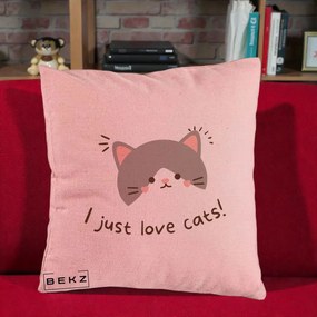 Perna Personalizata I Just Love Cats Pisica Kawaii, 40x40 cm, Roz, Husa Detasabila, Perna Inclusa, BEKZ®