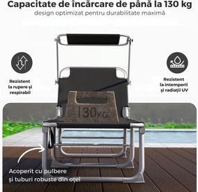 Șezlong de grădină HAWAII cu copertină reglabilă, 195x60x30cm, negru Casaria