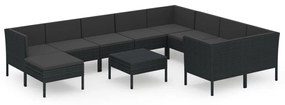 Set mobilier de gradina cu perne, 11 piese, negru, poliratan 4x colt + 5x mijloc + suport pentru picioare + masa, 1