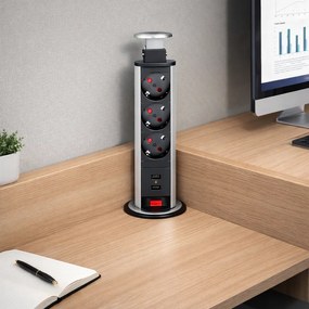 Priză încorporabilă în blat Lift Box Design Light, 3 prize Schuko, 2 porturi USB, inox, D:71 mm D:71 mm; H:328 mm, Inox, Metal/Plastic