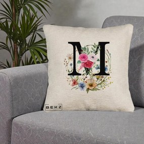 Cadou Personalizat - Perna Personalizata Monogram Litera M cu Flori Acuarela, 40x40 cm, Bej Canapea, Husa Detasabila, Perna Inclusa, BEKZ®
