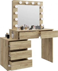 Masuta machiaj cu Oglinda LED si 5 Sertare pentru Cosmetice, Set Masa toaleta 112 cm, Stejar, masuta cosmetica, vanity - SEM510
