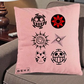 Perna Personalizata Simboluri Anime Mix - Naruto One Piece, 40x40 cm, Roz, Husa Detasabila, Perna Inclusa, BEKZ®