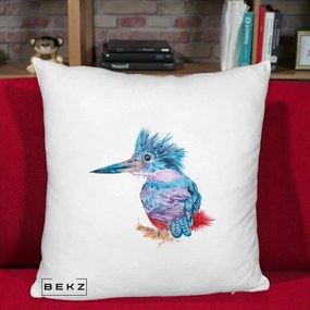 Perna Decorativa Pasare Martin Pescar Acuarela Albastru-Mov, 40x40 cm, Alb Pufos, Husa Detasabila, Perna Inclusa, BEKZ®