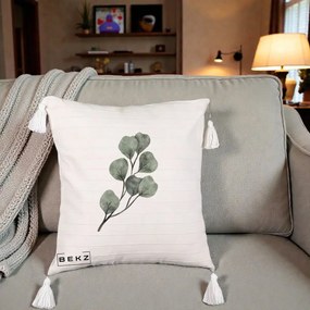 Perna Decorativa Ramura Eucalipt Acuarela, 40x40 cm, Bej cu Franjuri, Husa Detasabila, Perna Inclusa, BEKZ®