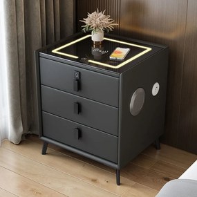 Noptieră inteligentă multifuncțională, 3 sertare, blocare cu amprentă, LED-uri tactile, 3 tipuri de culoare, încărcare fără fir, Difuzor Bluetooth, incarcare USB, sticla securizata, Negru