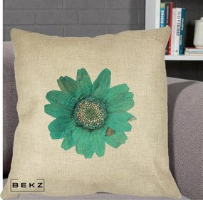 Perna Decorativa Floare Gerbera Teal Acuarela, 40x40 cm, Crem, Husa Detasabila, Perna Inclusa, BEKZ®