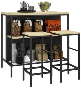 HOMCOM Set masă de bar și 2 taburete de stil industrial cu raft de depozitare, suporturi pentru picioare, metal negru și aspect lemn | Aosom Romania