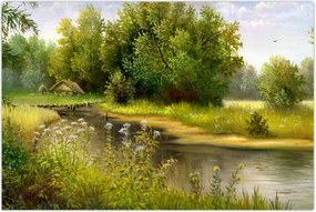Tablou - Râu lângă pădure, pictură în ulei (90x60 cm)