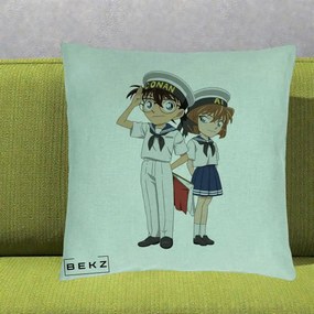 Perna Personalizata Detective Conan Conan si Ai Sailor, 40x40 cm, Verde Menta, Husa Detasabila, Perna Inclusa, BEKZ®
