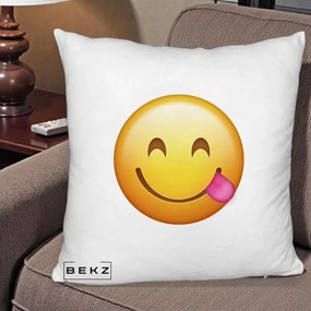 Perna Decorativa Emoji Limba Scoasa, 40x40 cm, Alb Pufos, Husa Detasabila, Perna Inclusa, BEKZ®