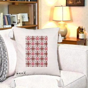 Perna Personalizata Motiv Traditional Ie Romaneasca Rosu, 40x40 cm, Bej cu Franjuri, Husa Detasabila, Perna Inclusa, BEKZ®