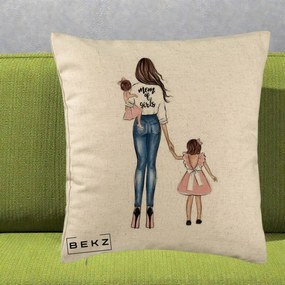 Cadou pentru Mama - Perna Personalizata Mom of Girls Mama cu Fetele, 40x40 cm, Bej, Husa Detasabila, Perna Inclusa, BEKZ®