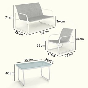 Outsunny Set de grădină exterior de 4 piese cu canapea de 2 locuri, 2 fotolii, masă cu sticlă securizată, textilene gri deschis | Aosom Romania