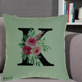 Cadou Personalizat - Perna Personalizata Monograma Florala Litera K, 40x40 cm, Verde, Husa Detasabila, Perna Inclusa, BEKZ®