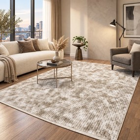 Covor cameră antiderapant Welsoft, model abstract, bej-taupe, 80x200 cm
