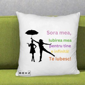 Cadou pentru Sora - Perna Personalizata Sora Mea Te Iubesc Siluete Colorate Umbrela, 40x40 cm, Alb Pufos, Husa Detasabila, Perna Inclusa, BEKZ®