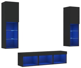 3216605 vidaXL Unități de perete TV cu LED-uri, 5 piese, negru, lemn prelucrat