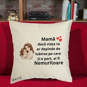 Cadou pentru Mama - Perna Personalizata Mama Nemuritoare cu Balon Inima, 40x40 cm, Ecru, Husa Detasabila, Perna Inclusa, BEKZ®