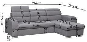 Canapea universală, material textil, gri, LESAT ROH UNI