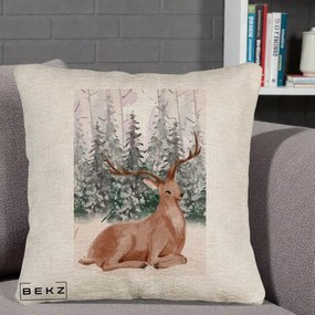 Perna Decorativa Ren in Padure Roz Moale, 40x40 cm, Bej Canapea, Husa Detasabila, Perna Inclusa, BEKZ®
