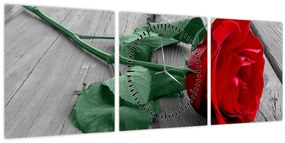 Tablou - Trandafir roșu cu tulpină verde (cu ceas) (90x30 cm)