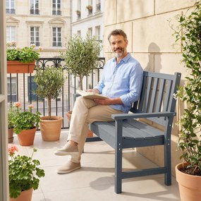Outsunny Bancă de grădină 2 locuri rezistentă la intemperii din plastic Bancă exterior cu design cu lamele aspect lemn Spătar Gri | Aosom Romania