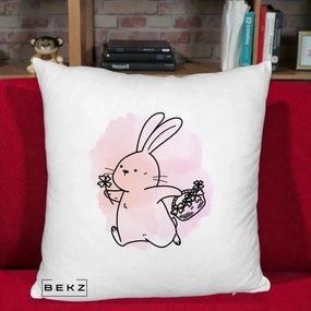 Perna Decorativa Iepuras Kawaii cu Cosulet Floral, 40x40 cm, Alb Pufos, Husa Detasabila, Perna Inclusa, BEKZ®
