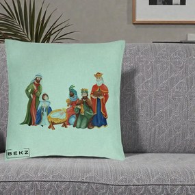 Perna Decorativa Nasterea Domnului Cei Trei Magi Acuarela, 40x40 cm, Verde Menta, Husa Detasabila, Perna Inclusa, BEKZ®